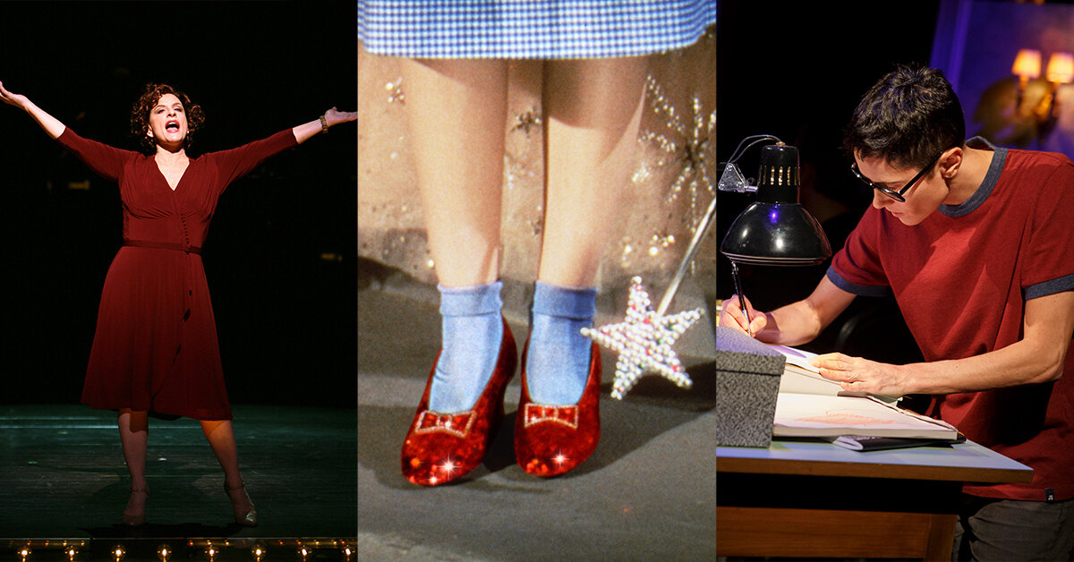 A photo of Patti LuPone in Gypsy, red slippers from The Wizard of Oz film and an image of a woman drawing from the 2015 Broadway production of Fun Home.
