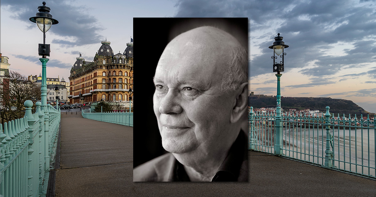A headshot of Alan Ayckbourn, overlaid with a photo of Scarborough seaside in the evening.