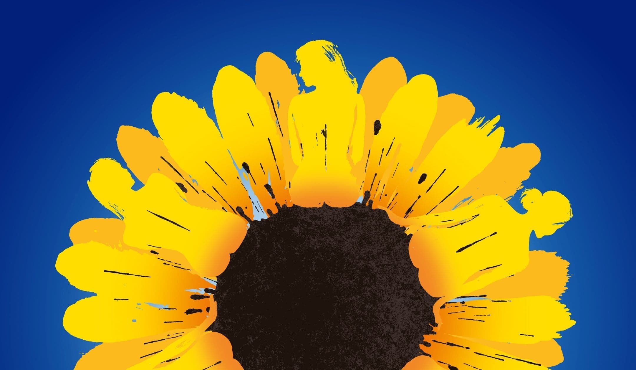 A sunflower, composed of silhouettes of the women in Calendar Girls
